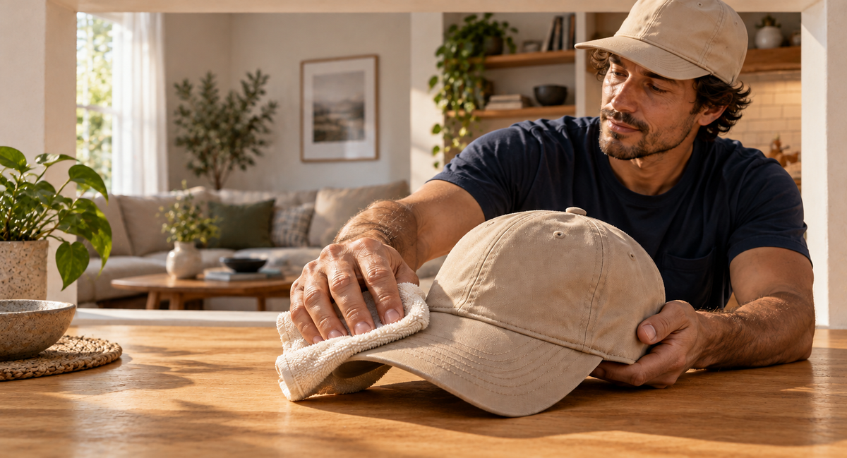 Man wearing a plain charcoal cap on a coastal trail