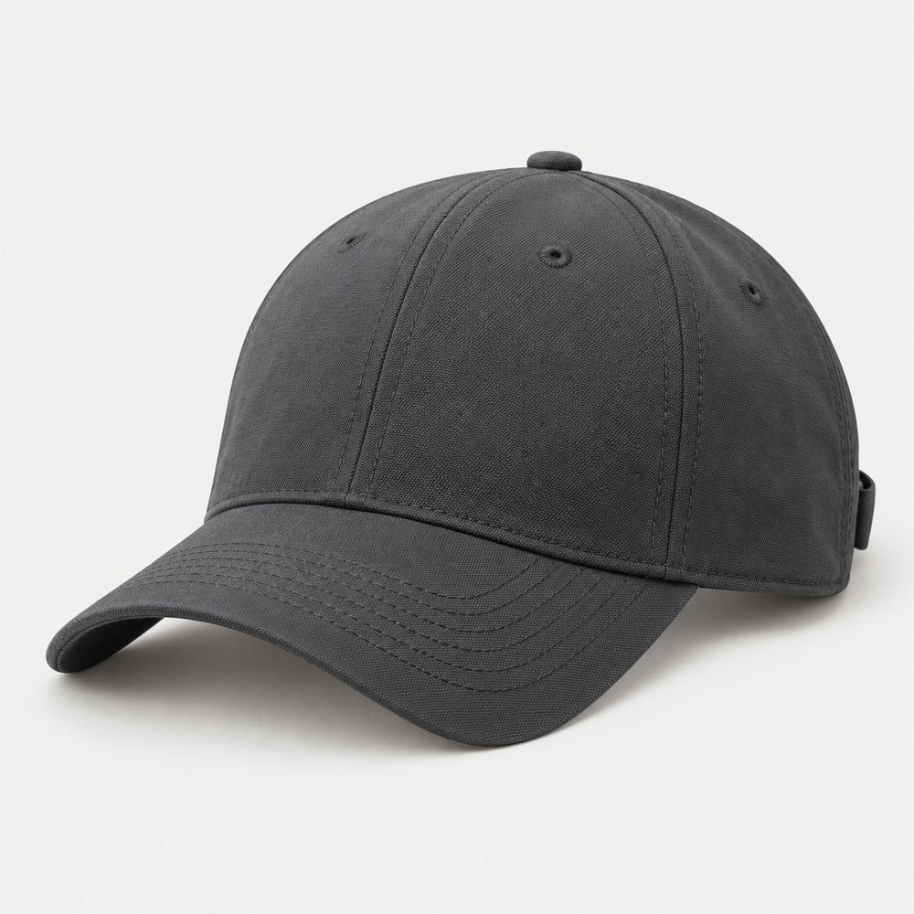 Charcoal cap showing fabric texture, panel seams and brim stitching