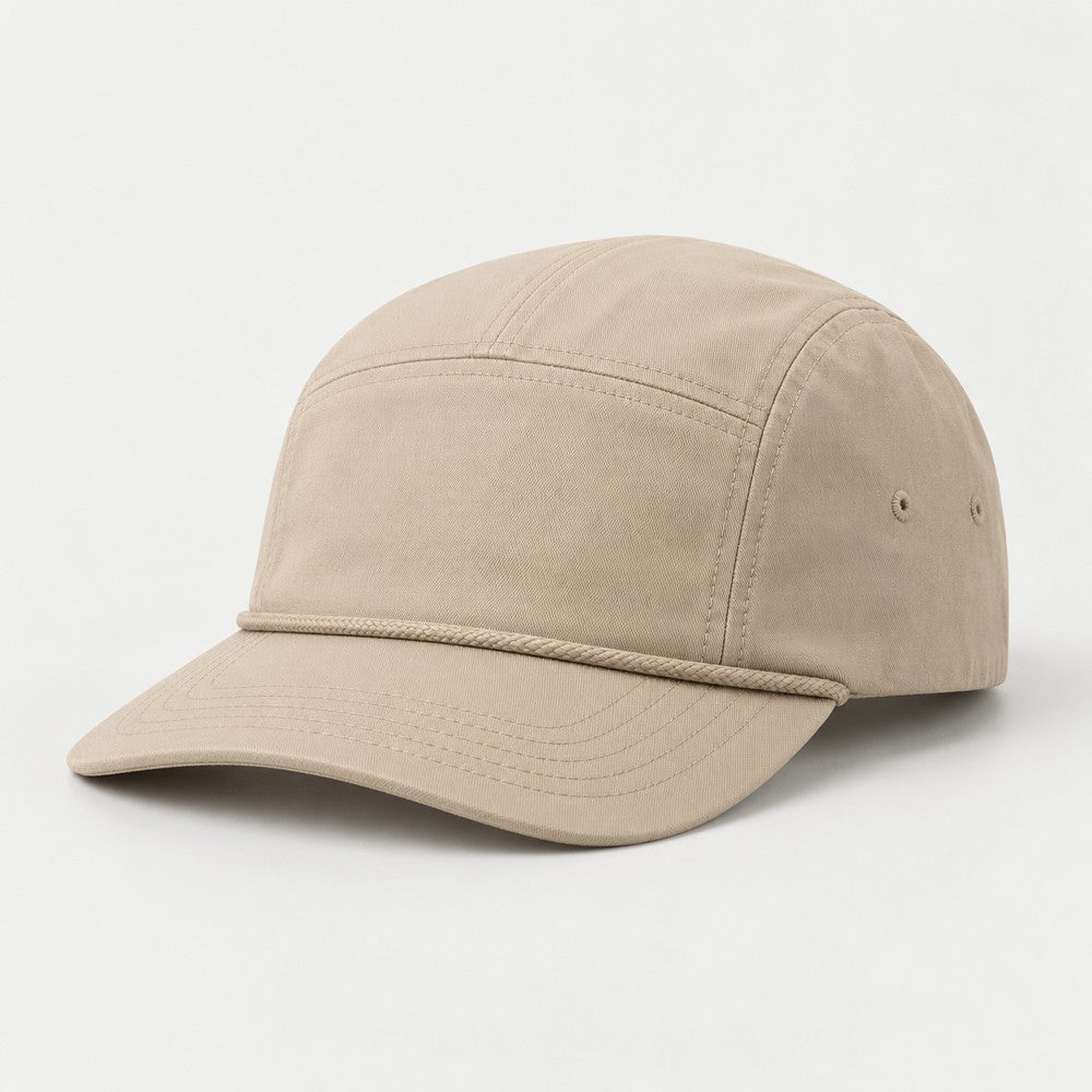 Close view of a sand five-panel cap